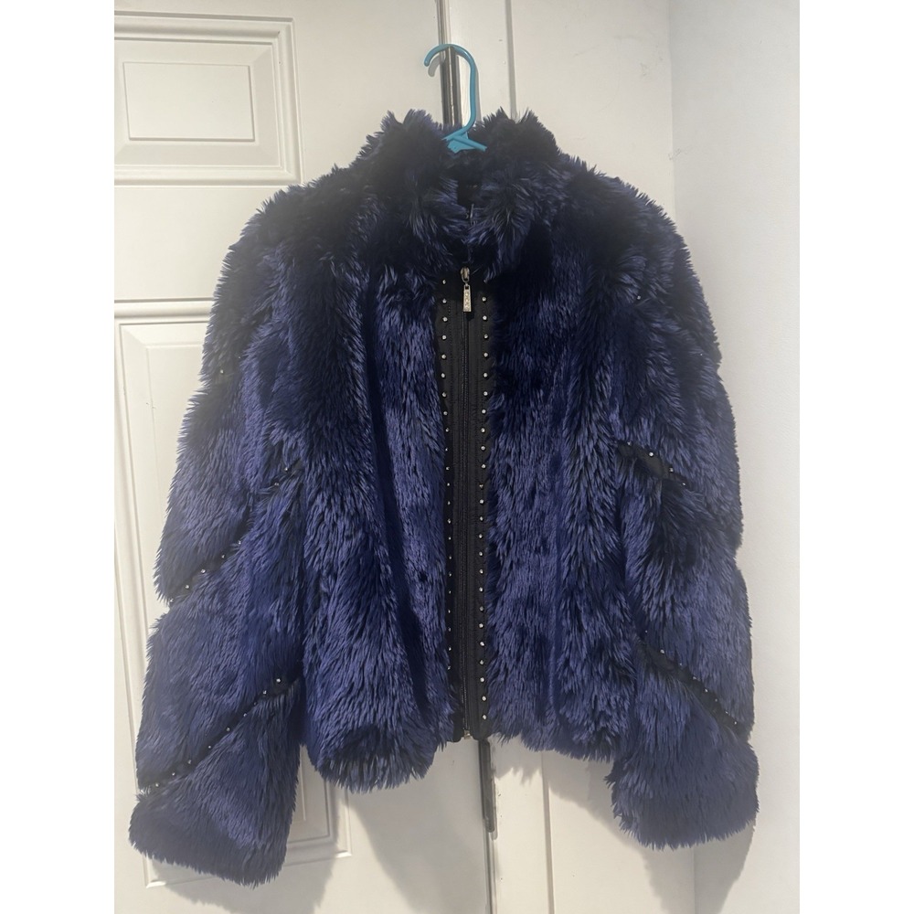 Vintage Moshita Couture Dark Blue Fake Fur Studded Jacket Women's Sz 14 Full Zip
